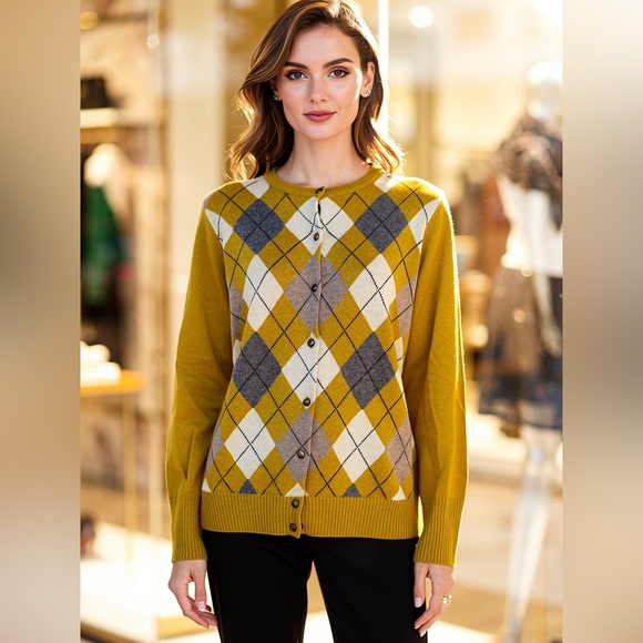 J. Crew Factory Sweaters - J.Crew Factory Argyle Cardigan Sweater Mustard Yellow Preppy XS